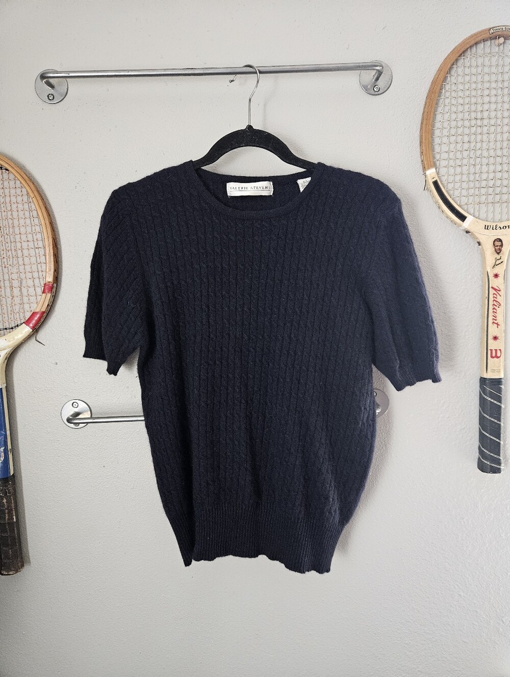 Valerie Stevens Lambswool Rabbit Hair Short Sleeve Solid Navy T shirt Sweater L